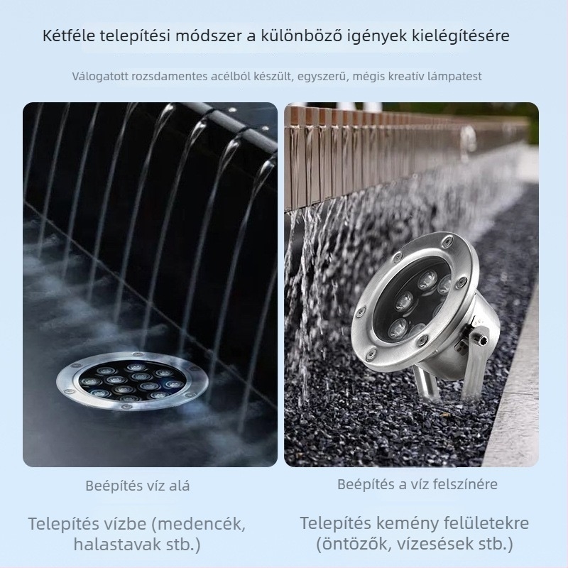 Medencékhez való LED alatti világítás – Színes, vízálló LED‑reflektor, 12V/24V, 18 LED, 3000K, IP68, rozsdamentes acél burkolat, 30° fénycsóva, tavak és szökőkút világítása