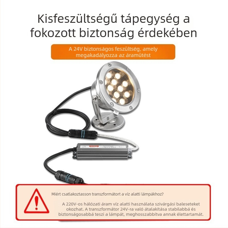 Medencékhez való LED alatti világítás – Színes, vízálló LED‑reflektor, 12V/24V, 18 LED, 3000K, IP68, rozsdamentes acél burkolat, 30° fénycsóva, tavak és szökőkút világítása