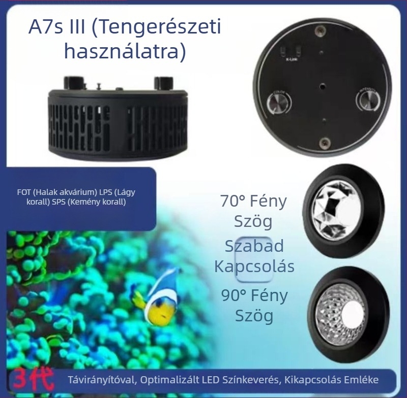 A+ LED koralllámpa A7S – harmadik generáció, teljes spektrum, Wi‑Fi távoli vezérléssel tengeri akváriumhoz