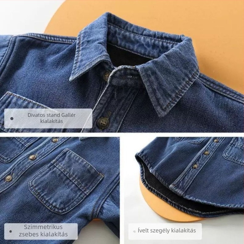 Fiúknak készült farmerdzseki fleece béléssel, álló gallér, hosszú ujjú, poliészter anyag