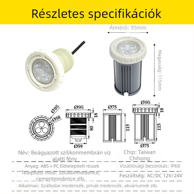 LED alatti medencevilágítás, beépített, RGB, 12V, IP68, 3 LED, 360 lm, 30° sugárzási szög