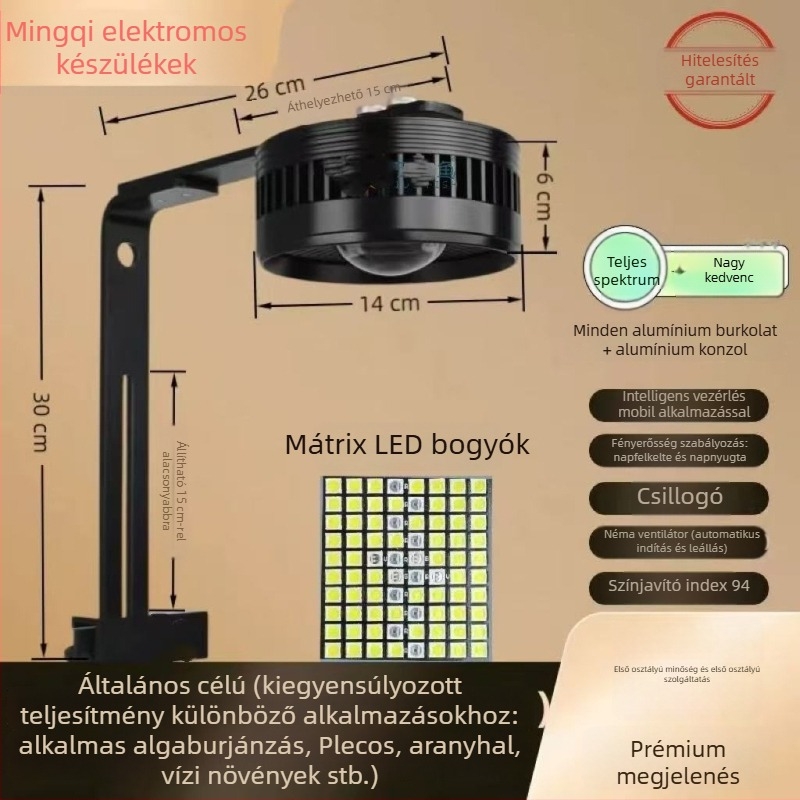 LED akváriumfény, downlight, WRGB teljes spektrum vízi növényekhez, algák elleni kontroll, Teljesítmény: 35W/55W/80W, Ming qi