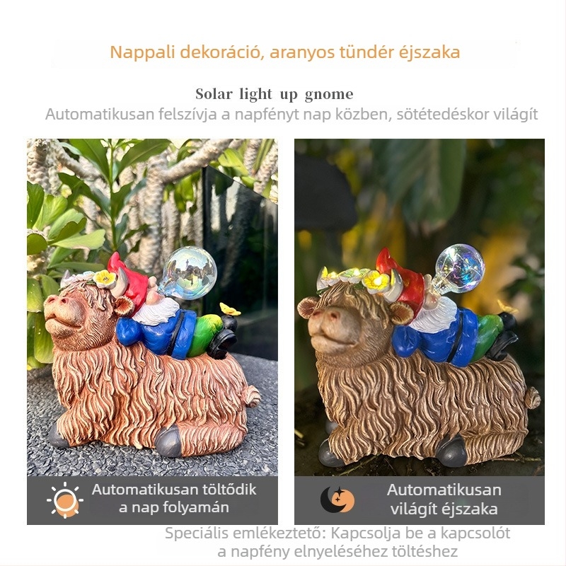 Kültéri kerthez való rezinából készült gnóm-elf buboréklámpa, napelemes meghajtású