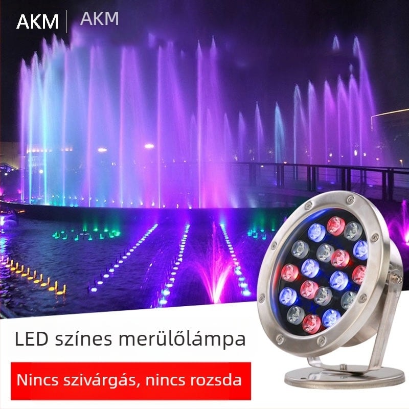 Multicolor kültéri alámerülő LED világítás – medencék, tavak és akváriumok számára, vízálló, fényerő-szabályozható.