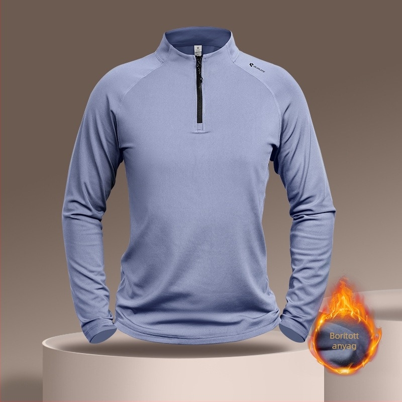 Uniszex gyorsan száradó hosszú ujjú fitnesz felső gallérral és cipzárral – 93% poliészter keverék, 7% spandex bélés