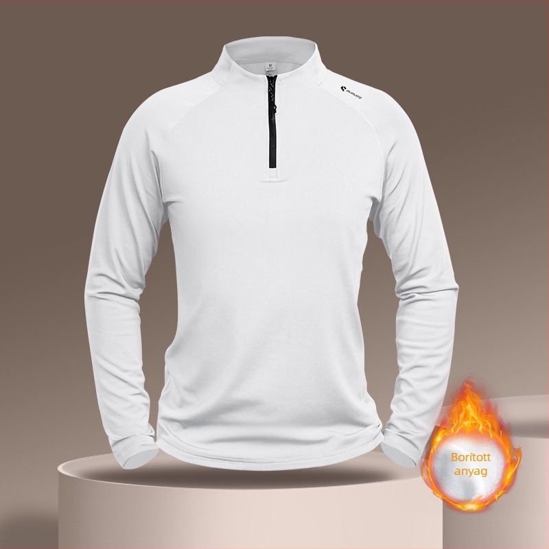 Uniszex gyorsan száradó hosszú ujjú fitnesz felső gallérral és cipzárral – 93% poliészter keverék, 7% spandex bélés