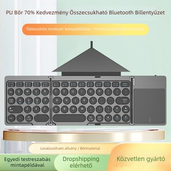 Bluetooth billentyűzet PU bőr tokban, háromrészesen hajtogatható kialakítás, érintéses vezérlés, ABS anyag, legfeljebb 87 billentyű