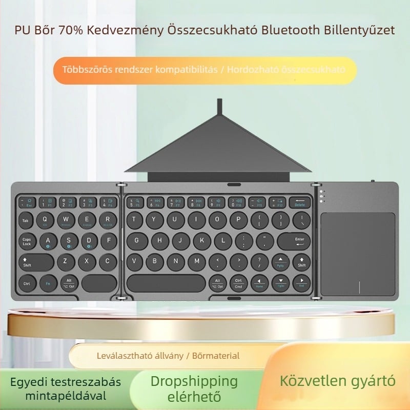Bluetooth billentyűzet PU bőr tokban, háromrészesen hajtogatható kialakítás, érintéses vezérlés, ABS anyag, legfeljebb 87 billentyű