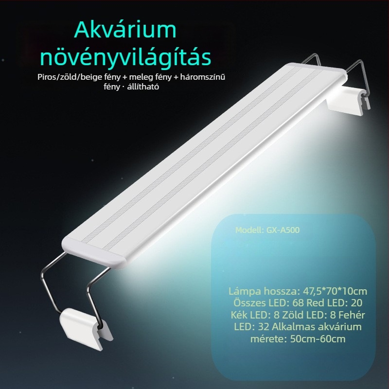 Akváriumi LED lámpa vízi növényekhez – fröccsenésálló, teljes spektrumú LED világítás (Water Pet Family, anyagok: műanyag/acél/akril, súly: 0,3–0,5 kg)
