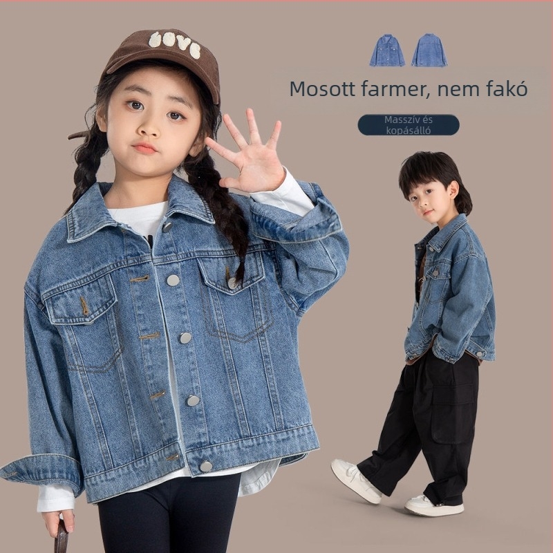 Gyerekeknek szóló farmerkabát – koreai stílus, V-nyakú, egyszínű, pamutból, újszülötteknek 0–1 év