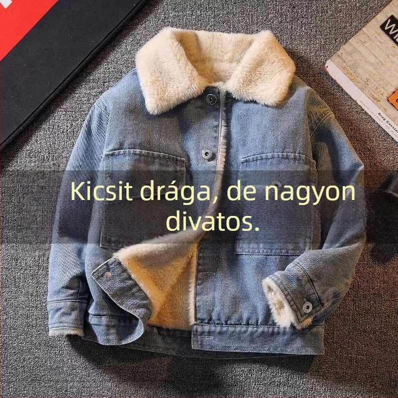 Gyerekeknek szóló farmerdzseki fleece béléssel, vastag kivitel, levehető kapucnival, rajzfilm mintával, 1–3 éveseknek