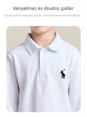 Gyerekeknek készült pamut polo póló, hosszú ujjú galléros, rajzolt mintával, uniszex, őszi 2025