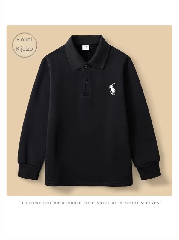 Gyerekeknek készült pamut polo póló, hosszú ujjú galléros, rajzolt mintával, uniszex, őszi 2025