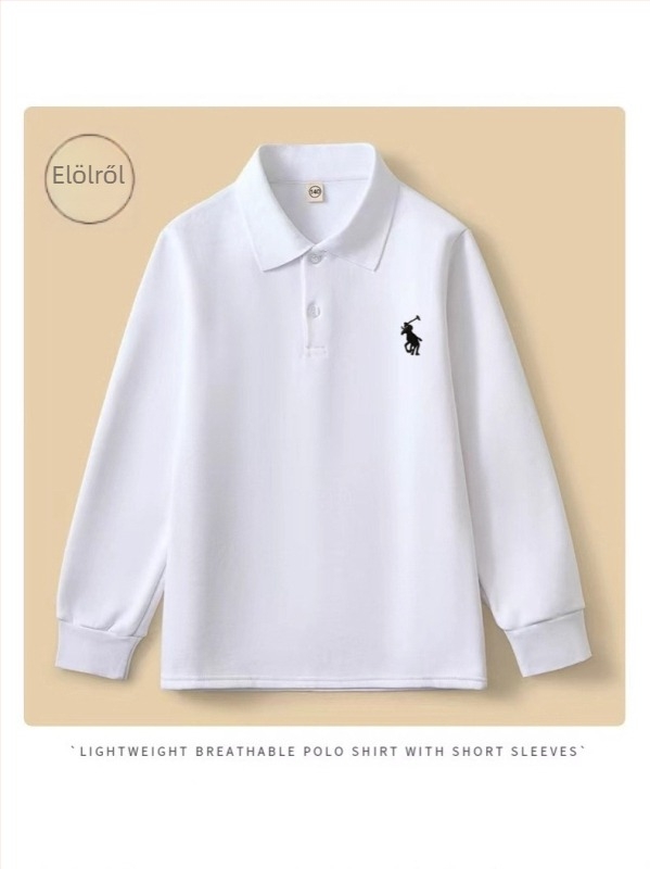 Gyerekeknek készült pamut polo póló, hosszú ujjú galléros, rajzolt mintával, uniszex, őszi 2025