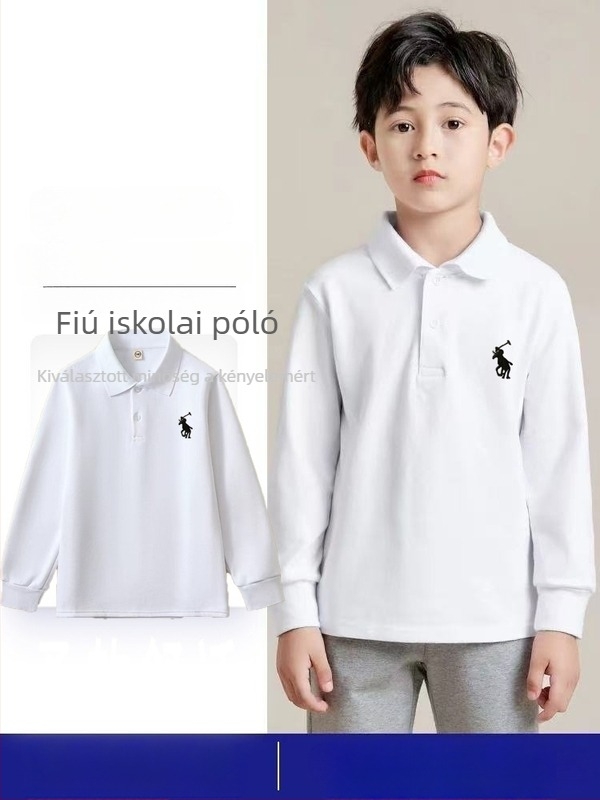 Gyerekeknek készült pamut polo póló, hosszú ujjú galléros, rajzolt mintával, uniszex, őszi 2025