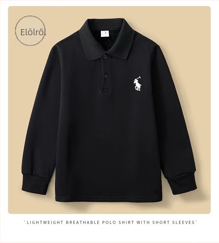 Gyerekeknek készült pamut polo póló, hosszú ujjú galléros, rajzolt mintával, uniszex, őszi 2025