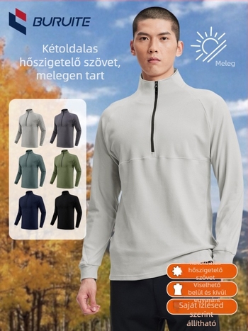 Férfi fél-zip sportos felső, hosszú ujjú, állálló gallérral, szoros szabású poliészter anyagból, téli–tavaszi–őszi viselet