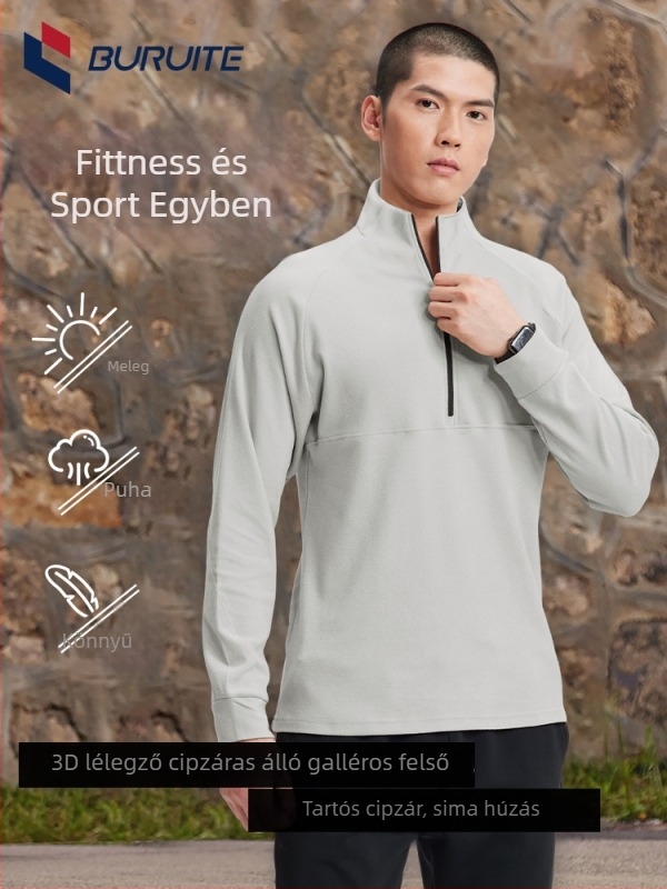 Férfi fél-zip sportos felső, hosszú ujjú, állálló gallérral, szoros szabású poliészter anyagból, téli–tavaszi–őszi viselet