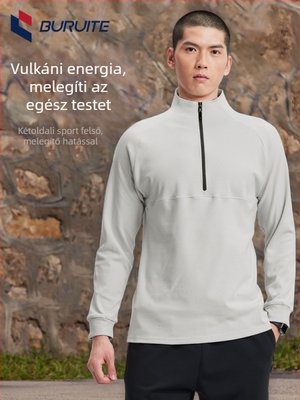 Férfi fél-zip sportos felső, hosszú ujjú, állálló gallérral, szoros szabású poliészter anyagból, téli–tavaszi–őszi viselet