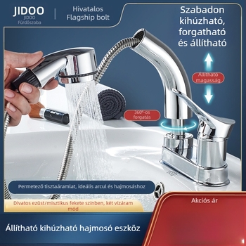 Kétlyukas kihúzható mosdócsap meleg–hideg vízhez, sárgaréz test, krómozott felület, kerámiás szelep, modell SKCLSLT