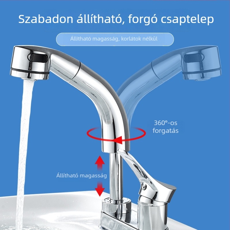 Kétlyukas kihúzható mosdócsap meleg–hideg vízhez, sárgaréz test, krómozott felület, kerámiás szelep, modell SKCLSLT