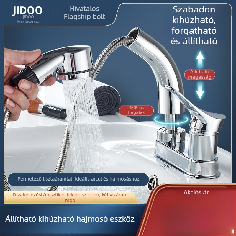 Kétlyukas kihúzható mosdócsap meleg–hideg vízhez, sárgaréz test, krómozott felület, kerámiás szelep, modell SKCLSLT