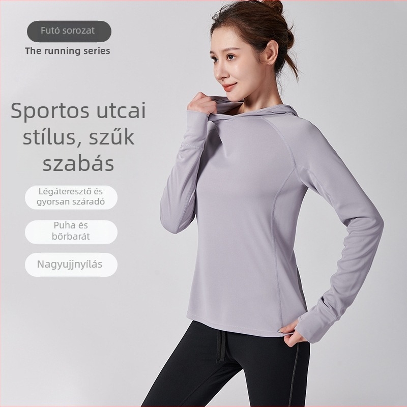 Női kapucnis slim-fit sportdzseki tavaszra, nedvességelvezető, hosszú ujjú