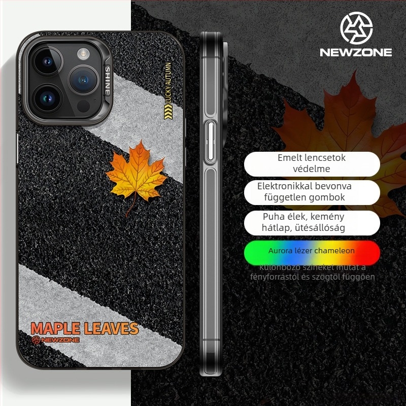 iPhone 14 Pro Max kemény tok, akril, festett juharleveles és almás dizájn, leesés elleni védelem