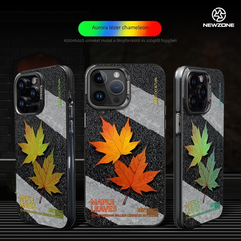 iPhone 14 Pro Max kemény tok, akril, festett juharleveles és almás dizájn, leesés elleni védelem