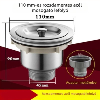 Rozsdamentes acélból készült konyhai mosogató lefolyó kosárral és 8110-es lefolyócső kiegészítőkkel