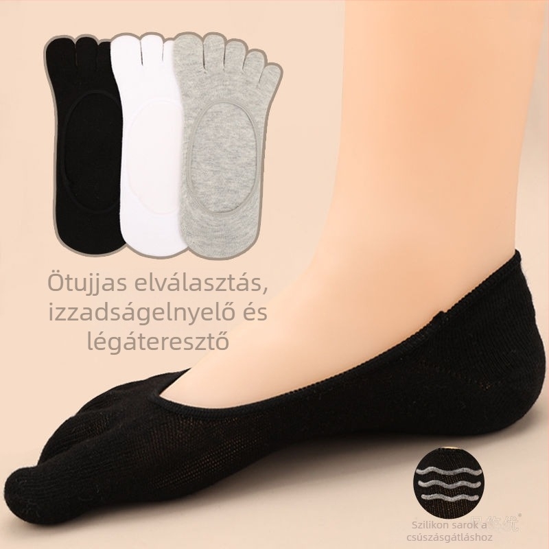 Férfi ötujjú pamut zokni, alacsony szárú, csúszásmentes sarokkal, különálló ujjak, tavasz–ősz.