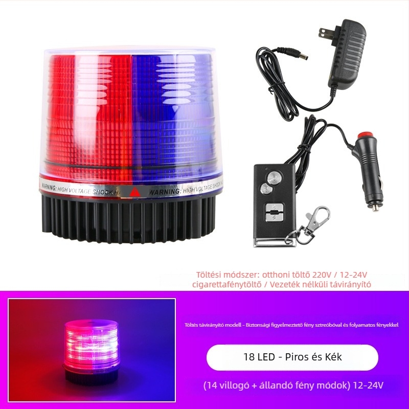 Autó LED mennyezeti figyelmeztető lámpa távirányítóval, 12–24V, mágneses alap, villogó mód