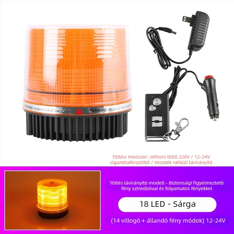 Autó LED mennyezeti figyelmeztető lámpa távirányítóval, 12–24V, mágneses alap, villogó mód
