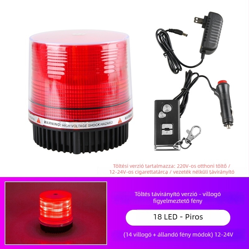 Autó LED mennyezeti figyelmeztető lámpa távirányítóval, 12–24V, mágneses alap, villogó mód