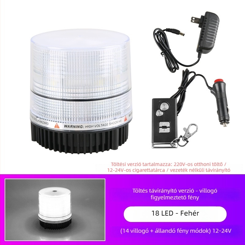 Autó LED mennyezeti figyelmeztető lámpa távirányítóval, 12–24V, mágneses alap, villogó mód