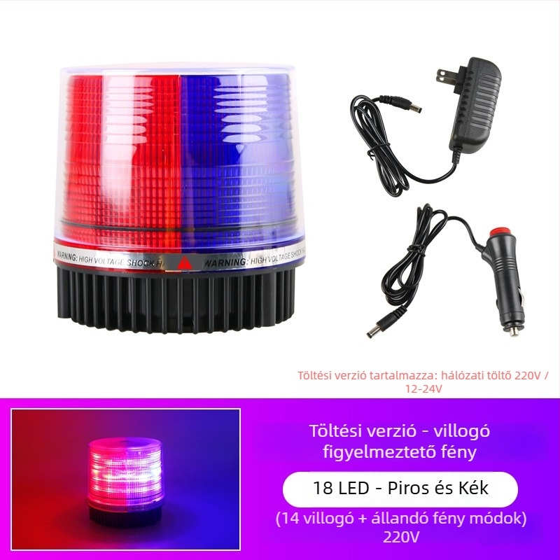 Autó LED mennyezeti figyelmeztető lámpa távirányítóval, 12–24V, mágneses alap, villogó mód