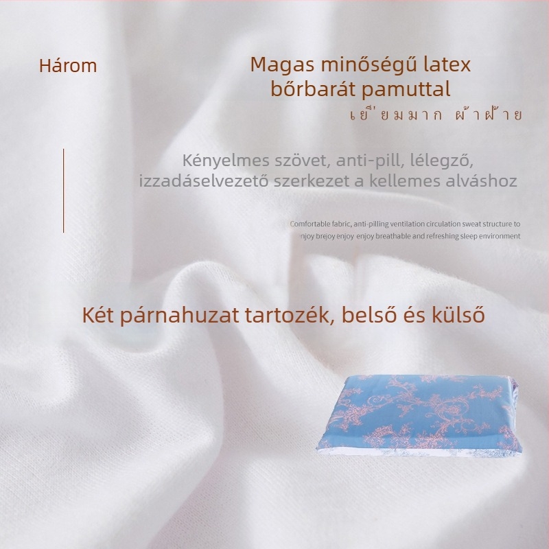 Természetes latexből készült párna otthoni használatra, téglalap alakú, nyaki támasz, felnőtteknek, kötött huzat, latex tartalom 90% feletti, magasság 10–15 cm, súly 1,5–2 kg