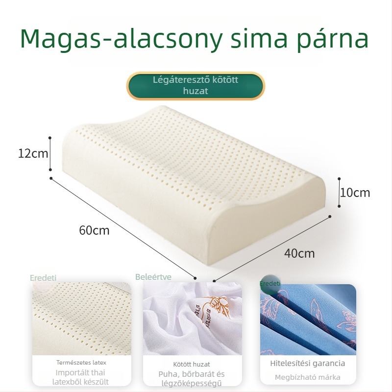 Természetes latexből készült párna otthoni használatra, téglalap alakú, nyaki támasz, felnőtteknek, kötött huzat, latex tartalom 90% feletti, magasság 10–15 cm, súly 1,5–2 kg