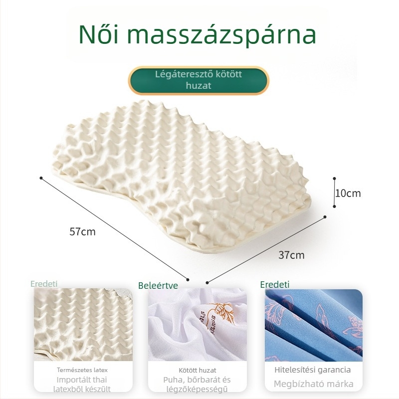Természetes latexből készült párna otthoni használatra, téglalap alakú, nyaki támasz, felnőtteknek, kötött huzat, latex tartalom 90% feletti, magasság 10–15 cm, súly 1,5–2 kg