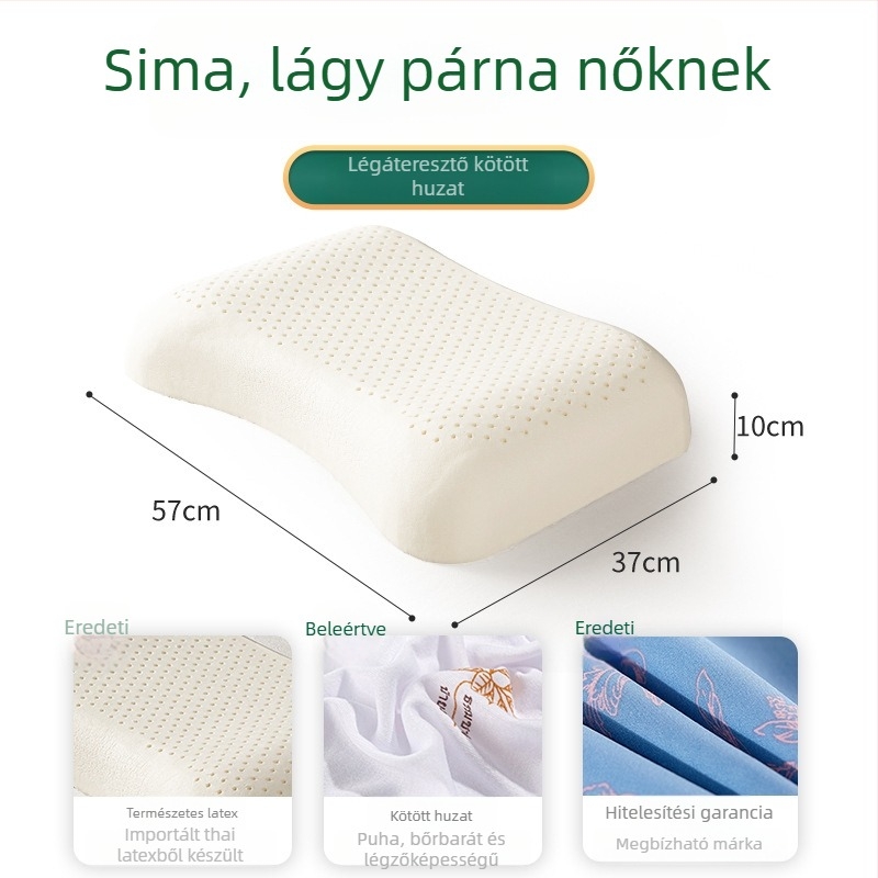 Természetes latexből készült párna otthoni használatra, téglalap alakú, nyaki támasz, felnőtteknek, kötött huzat, latex tartalom 90% feletti, magasság 10–15 cm, súly 1,5–2 kg