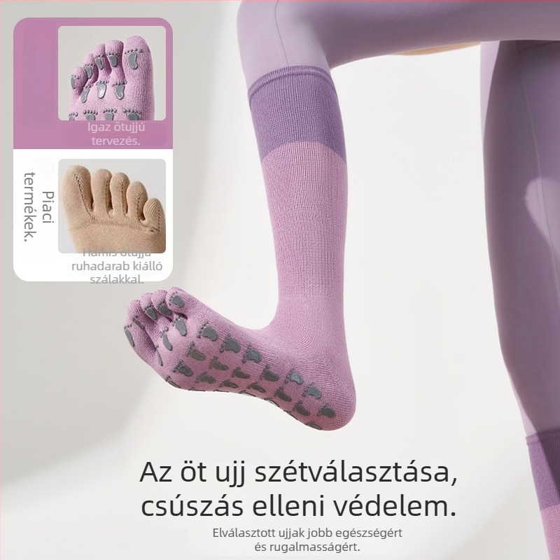 Pamut ötujjas zokni jógahoz, kompresszió a vádlira, csúszásmentes, nedvszívó, középmagas hossz