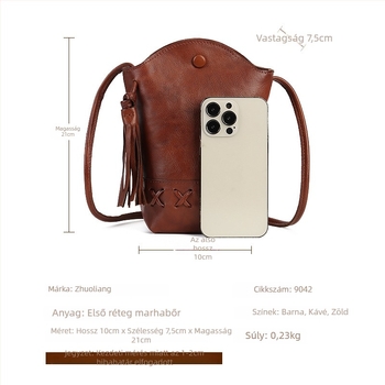 Valódi bőr női mobiltelefon-táska – szőtt textúrájú, mini crossbody díszes tassellel, bucket stílus, mágneses zárás, poliészter bélés