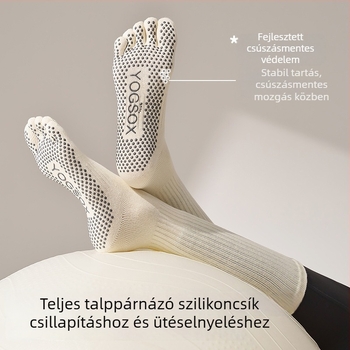 Ötujjas Pilates jóga zokni hosszú lábszárvédővel, 100% pamut, csúszásmentes, izzadságelnyelés, varrat nélküli ujj, sportos