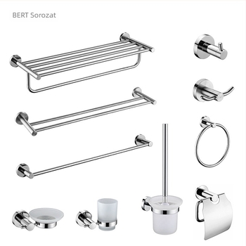 Rozsdamentes acél törölközőtartó, fürdőszoba, egytengelyes rúd, csiszolt felület, modern minimalista stílus, 6-darabos készlet