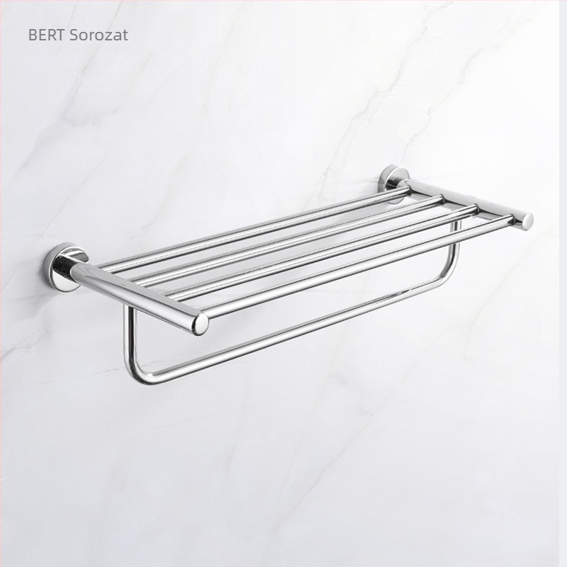 Rozsdamentes acél törölközőtartó, fürdőszoba, egytengelyes rúd, csiszolt felület, modern minimalista stílus, 6-darabos készlet