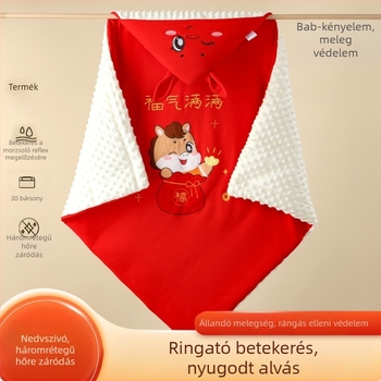 Vörös babatakaró újszülötteknek, 100% pamut, plüss belsővel, téli–ősz