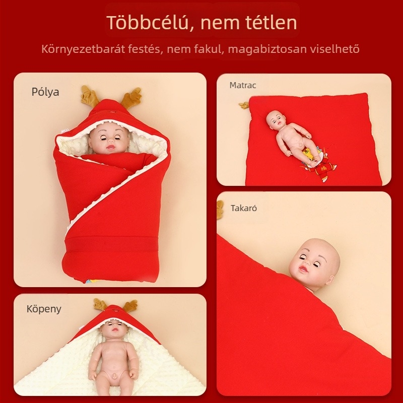Vörös babatakaró újszülötteknek, 100% pamut, plüss belsővel, téli–ősz