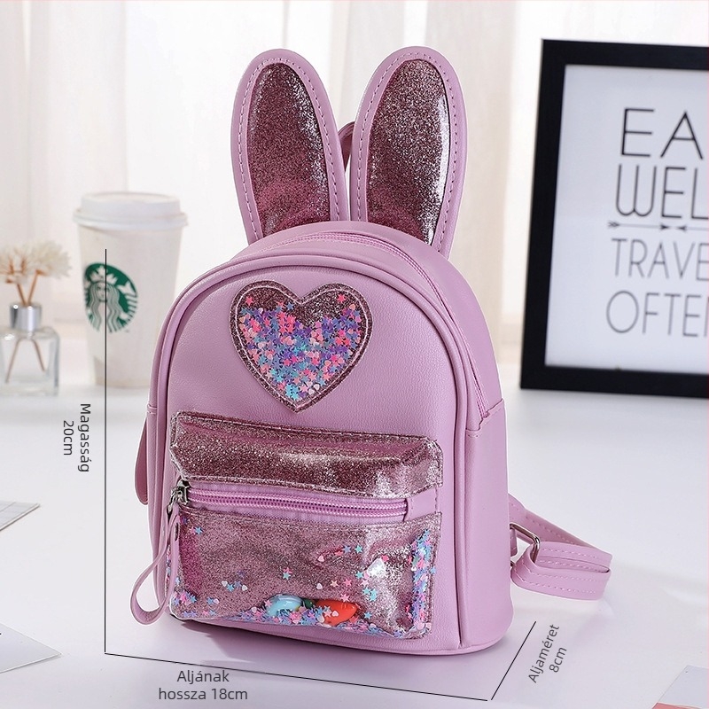 PU bőrből készült gyerek hátizsák flitteres és aranyos nyuszis mintával, vízálló, kopásálló, görbe vállpántokkal, óvodába