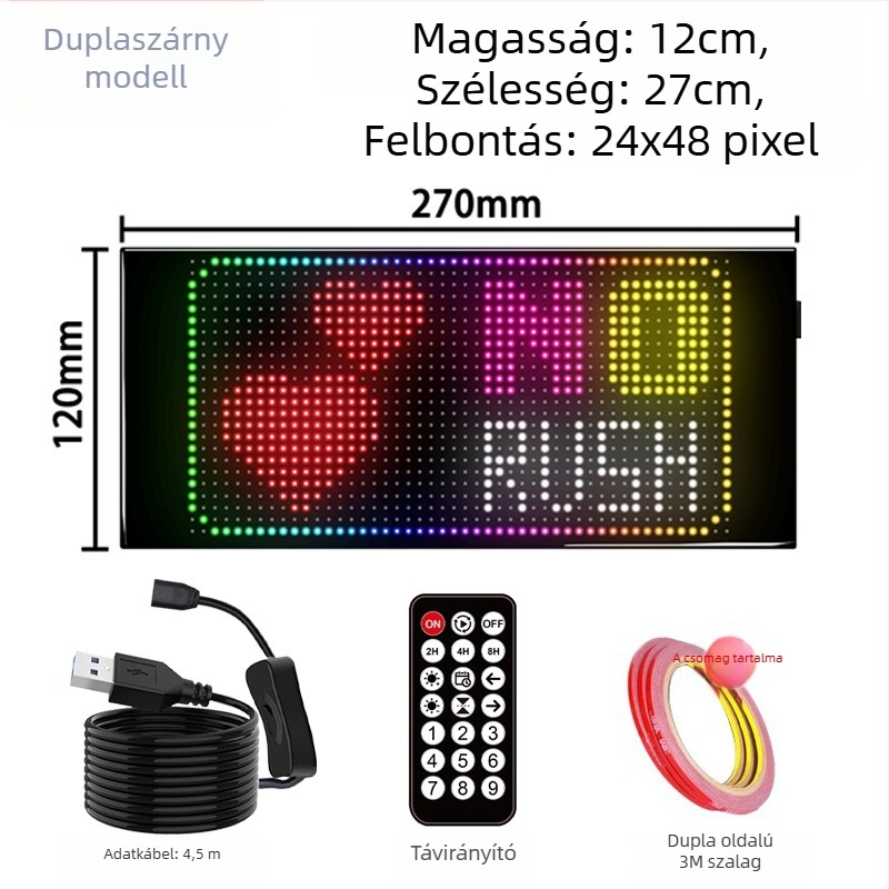 LED rugalmas autó kijelző APP Bluetooth reklámképernyő, teljes színű, intelligens autó matrica, PC ház, LED HD rugalmas panel, 32-es sorozat, 10W, 5V, 2A, ajtóhoz ragasztott telepítés