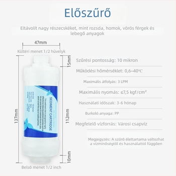 Sur vízszűrő elem | PP pamutszűrő, átlátszó burkolat, előszűrő zuhanyhoz, mosógéphez, vízmelegítőhöz és okos toalettához; üledék szűrés; 100 db dobozonként